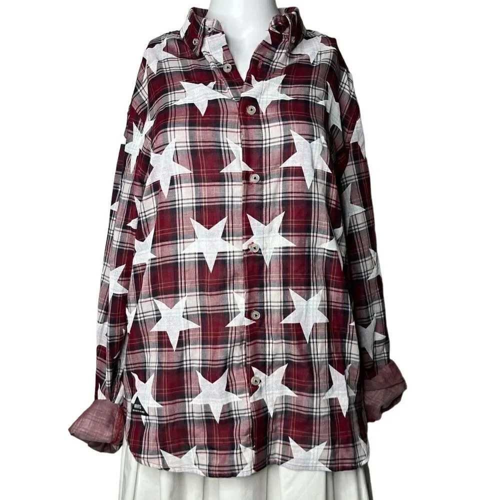 Mostly Heard Rarely Seen Star Plaid Button Down Shirt Red & White Size Large